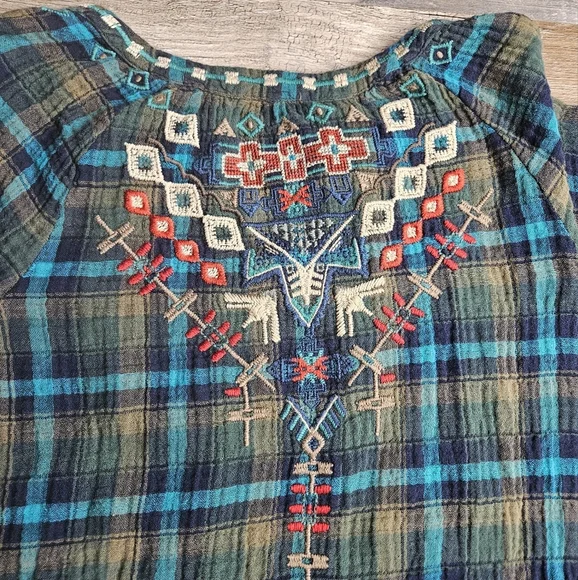 Johnny Was Workshop XL Blue Green Plaid Heavy Embroidery Aztec Western - Picture 12 of 16